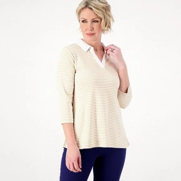 Isaac Mizrahi Live Essentials Pima Cotton Yarn Dye Top Womens XXS Tan White NEW - Picture 1 of 7